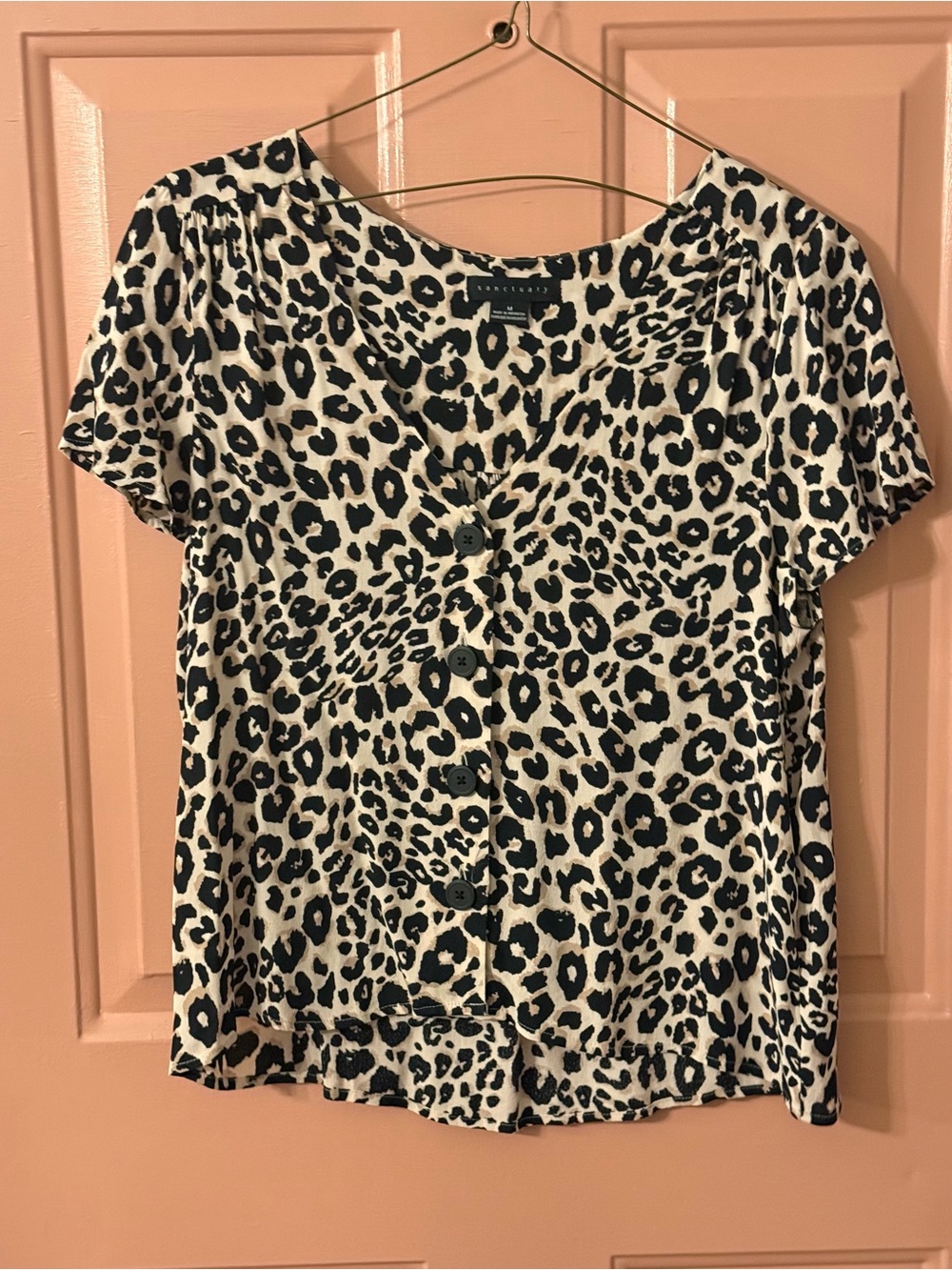 Sanctuary- Button-Front Leopard Print Short Sleeve Top - Black & Cream